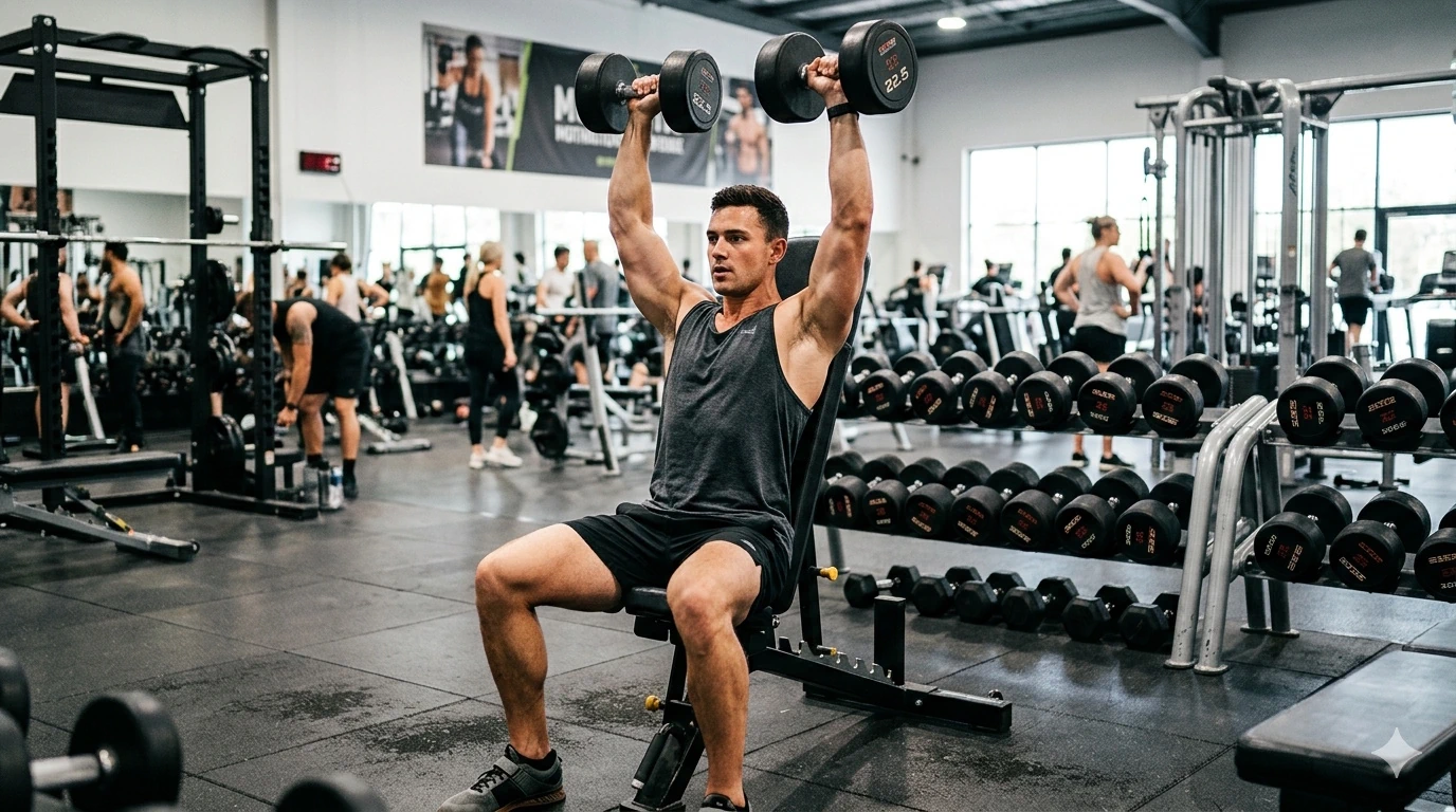A person doing the overhead dumbbell press exercise.